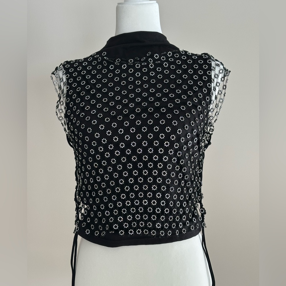 SHEIN Black Tank with White Daisy Beaded Overlay